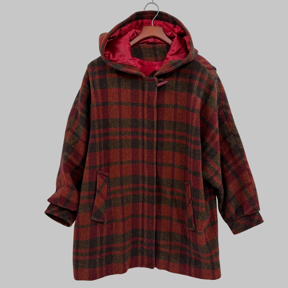 Vintage Mackintosh Wool Coat 14 Red Plaid Dolman Sleeve Hooded Zip‎ Up